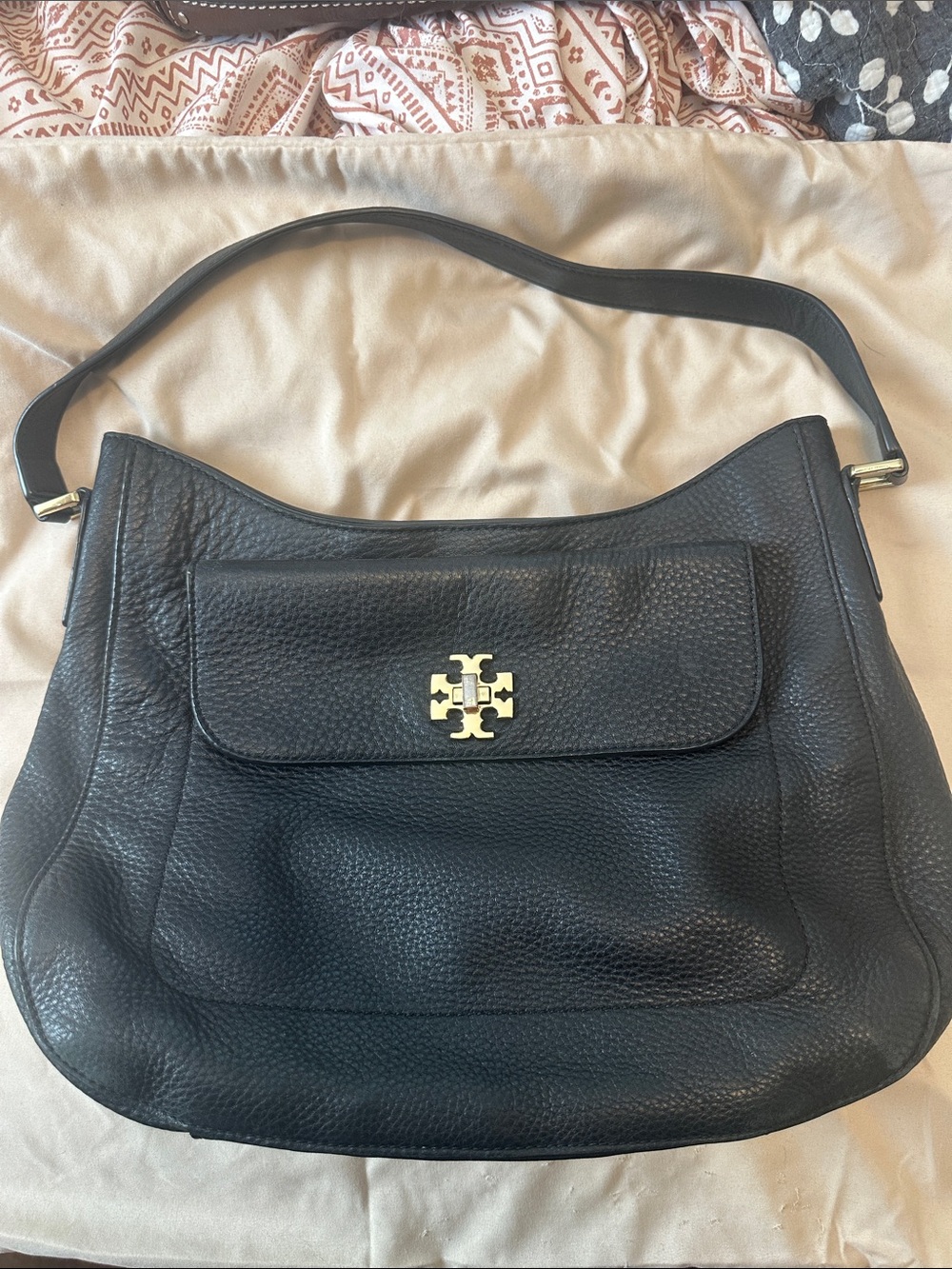 Tory Burch Black Pebbled Leather Shoulder Hobo with Gold Logo
